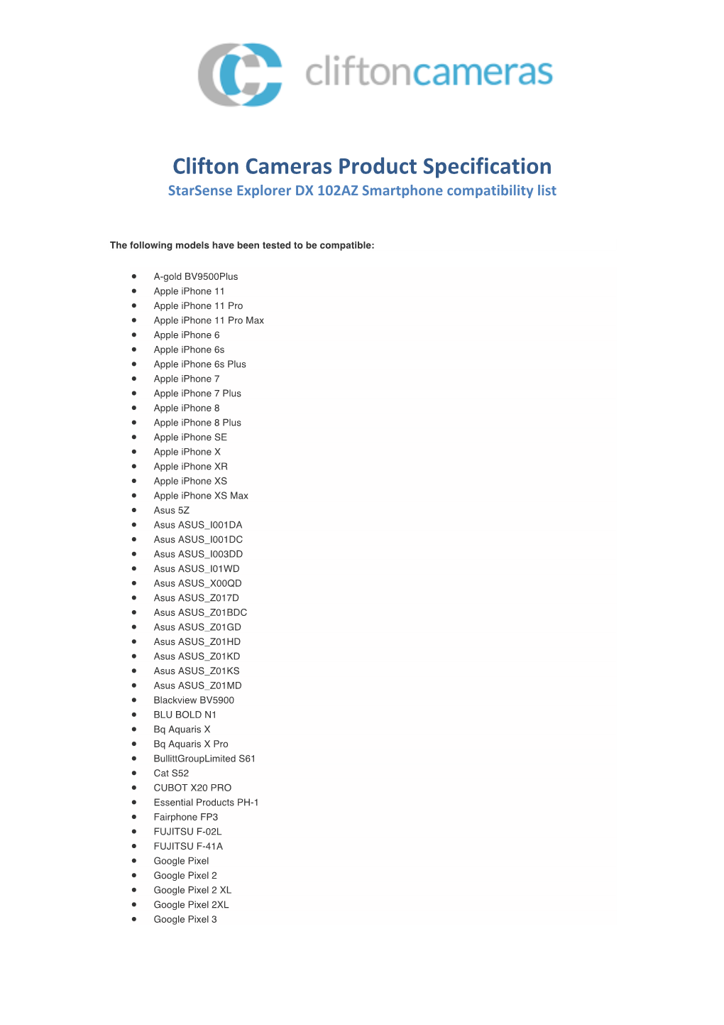 Clifton Cameras Product Specification Starsense Explorer DX 102AZ Smartphone Compatibility List