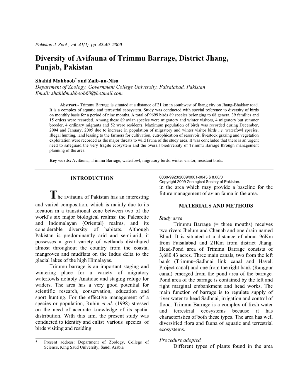 A Survey of Avifauna of Trimmu Barrage