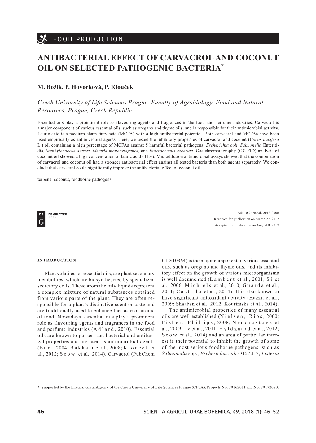 Antibacterial Effect of Carvacrol and Coconut Oil on Selected Pathogenic Bacteria*