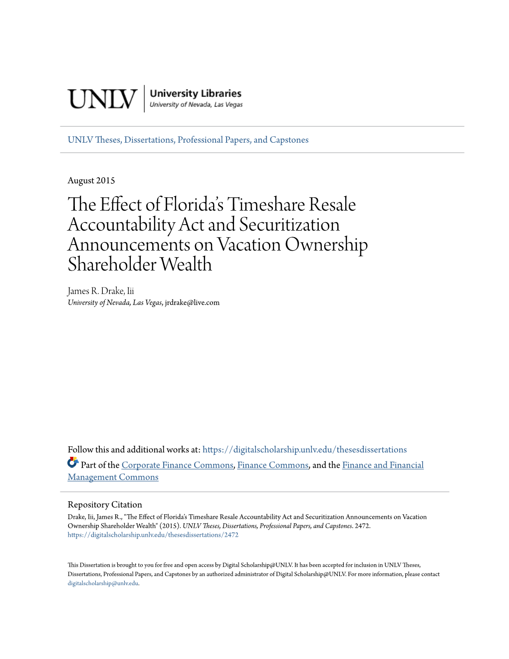 The Effect of Florida's Timeshare Resale Accountability Act and Securitization Announcements on Vacation Ownership Shareholder Wealth