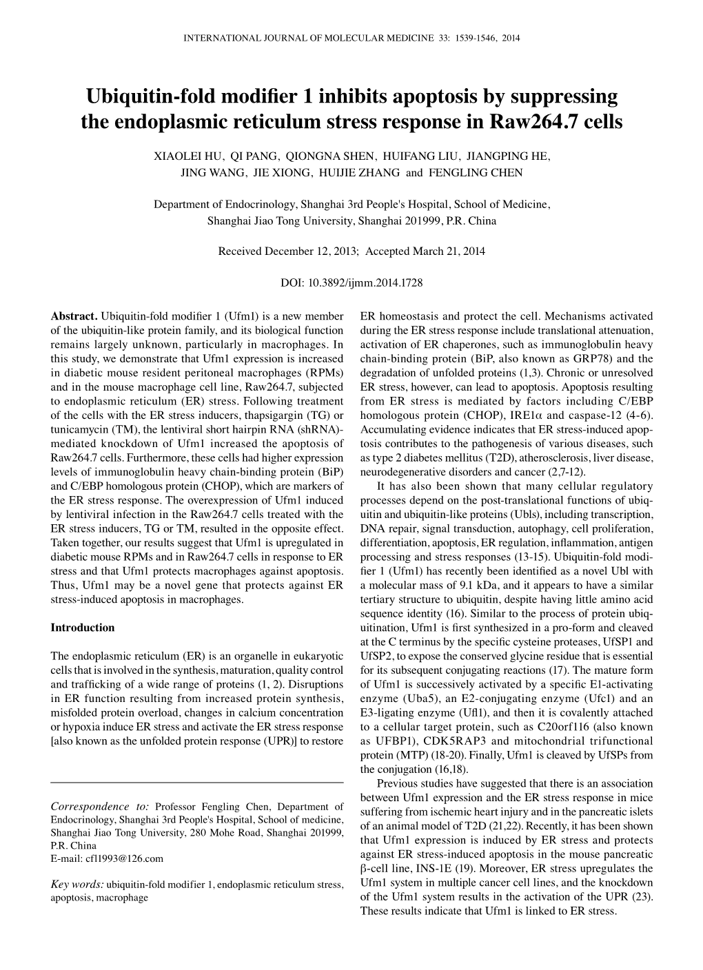 Ubiquitin-Fold Modifier 1 Inhibits Apoptosis by Suppressing the Endoplasmic Reticulum Stress Response in Raw264.7 Cells