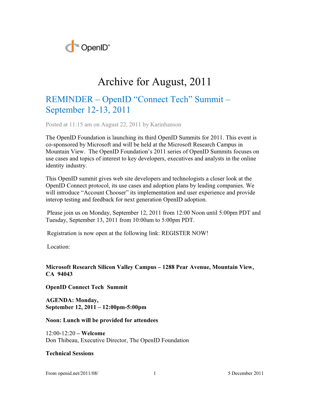 REMINDER Openid Connect Tech Summit September 12-13, 2011