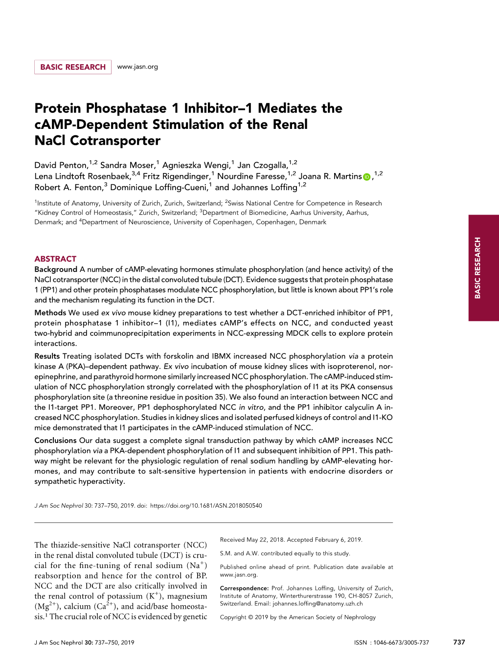 Protein Phosphatase 1 Inhibitor–1 Mediates the Camp-Dependent Stimulation of the Renal Nacl Cotransporter