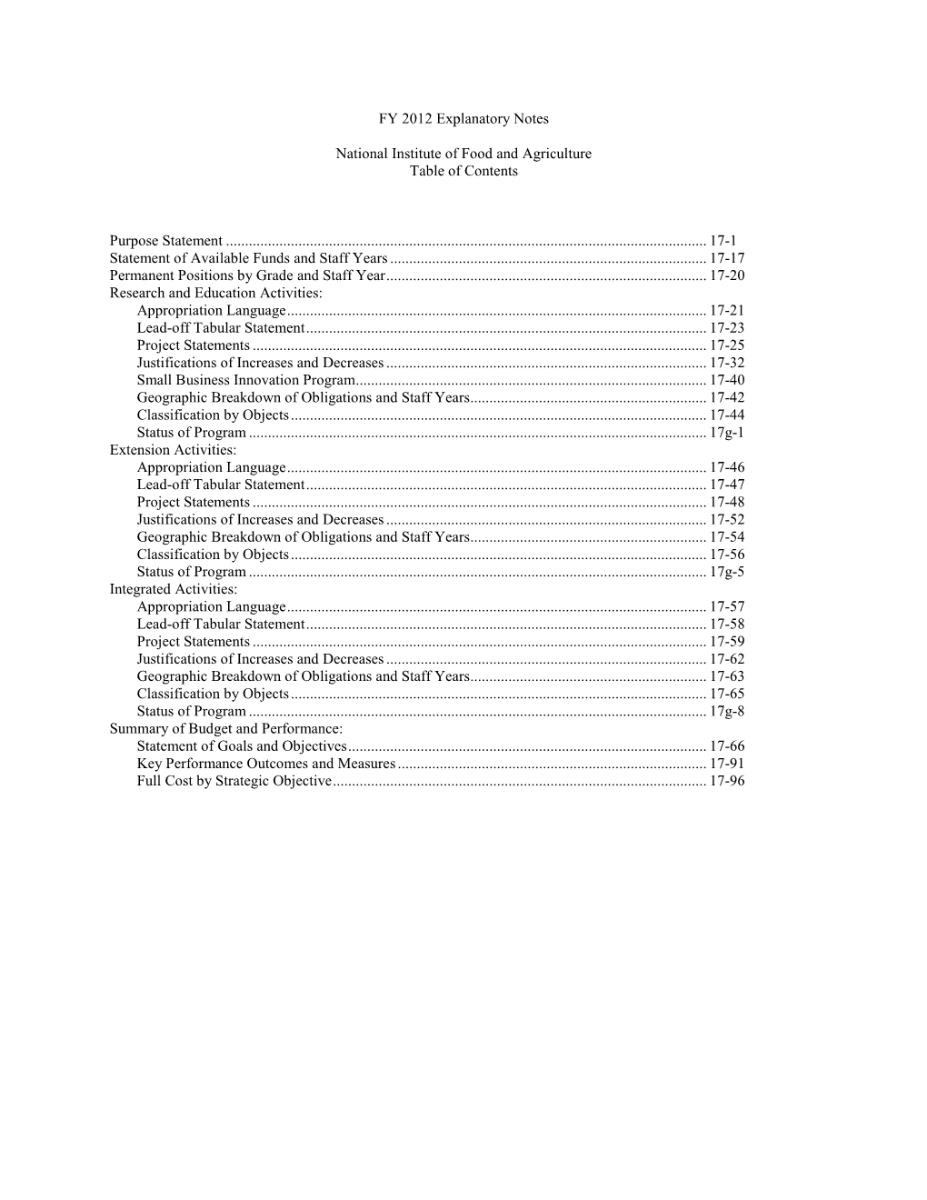 National Institute of Food and Agriculture Table of Contents