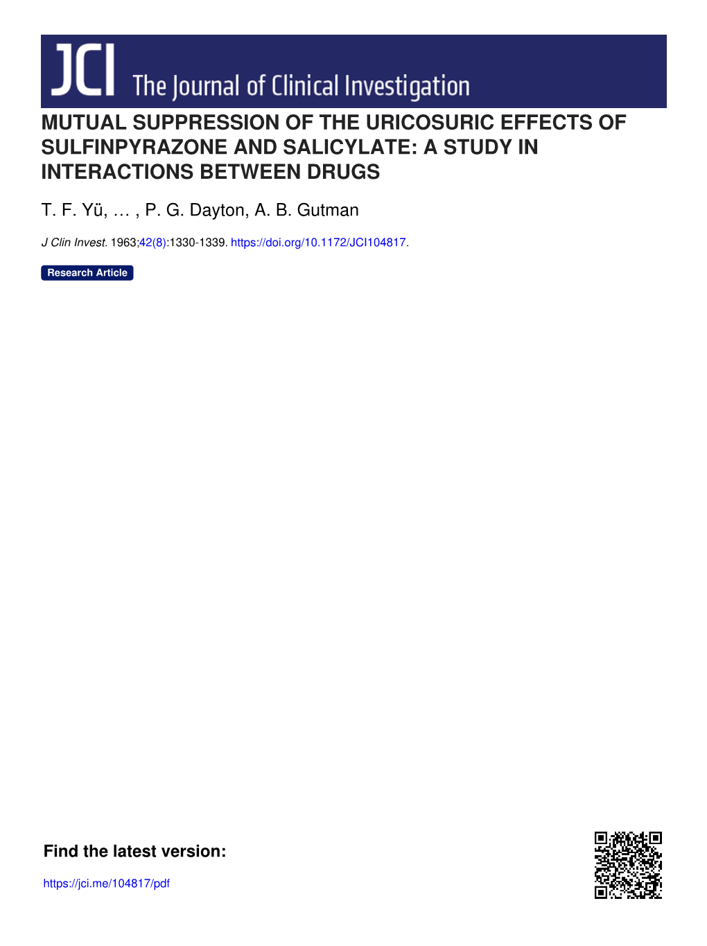 Mutual Suppression of the Uricosuric Effects of Sulfinpyrazone and Salicylate: a Study in Interactions Between Drugs