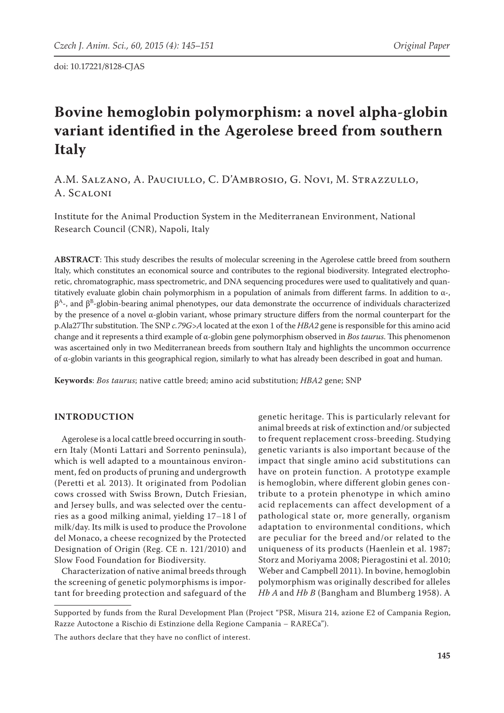 Bovine Hemoglobin Polymorphism: a Novel Alpha-Globin Variant Identified in the Agerolese Breed from Southern Italy