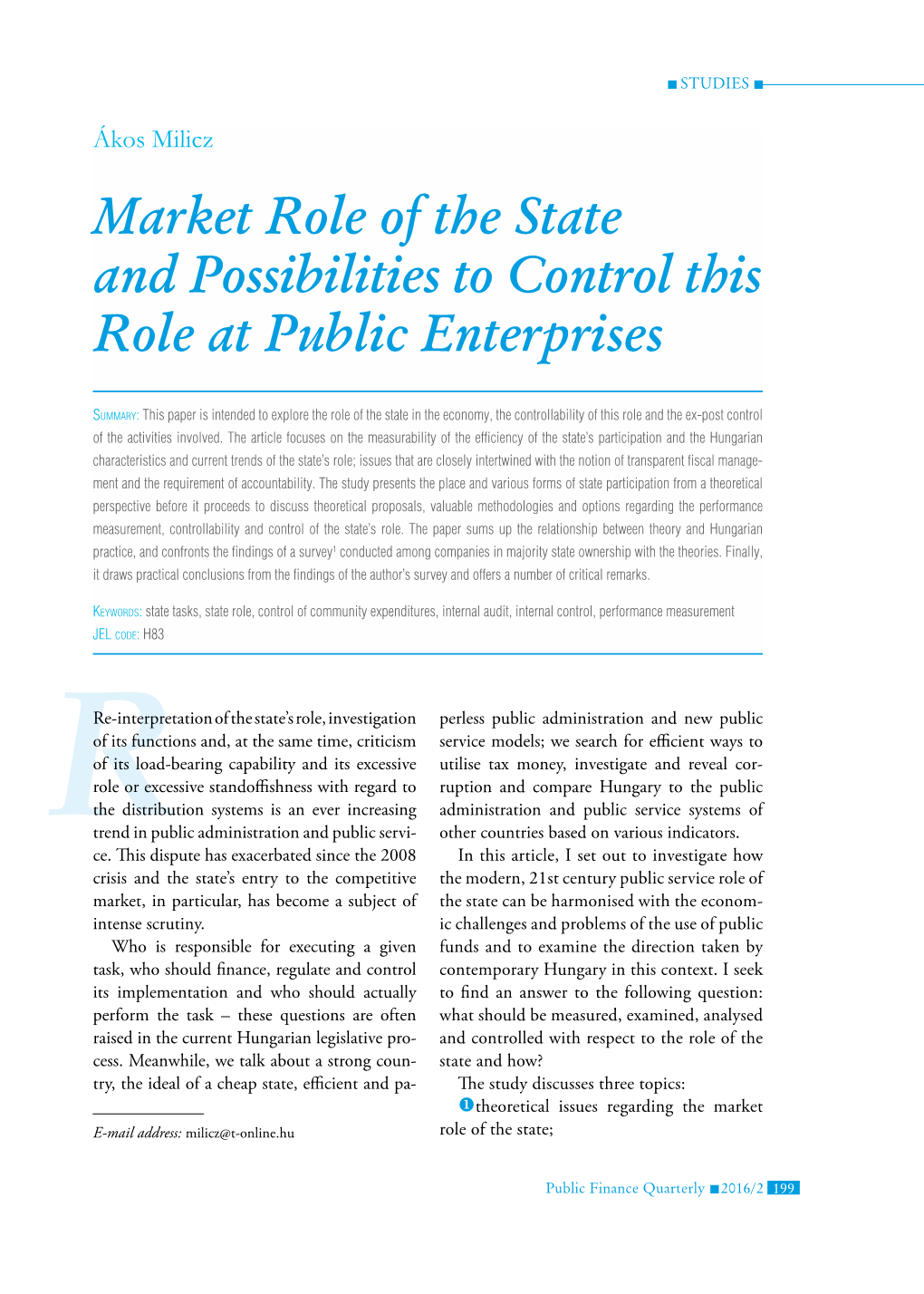 Market Role of the State and Possibilities to Control This Role at Public Enterprises