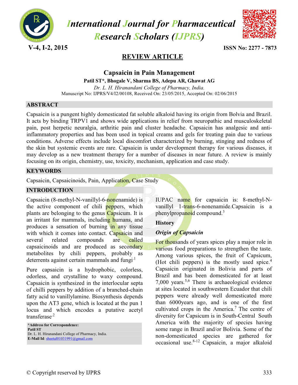 International Journal for Pharmaceutical Research Scholars