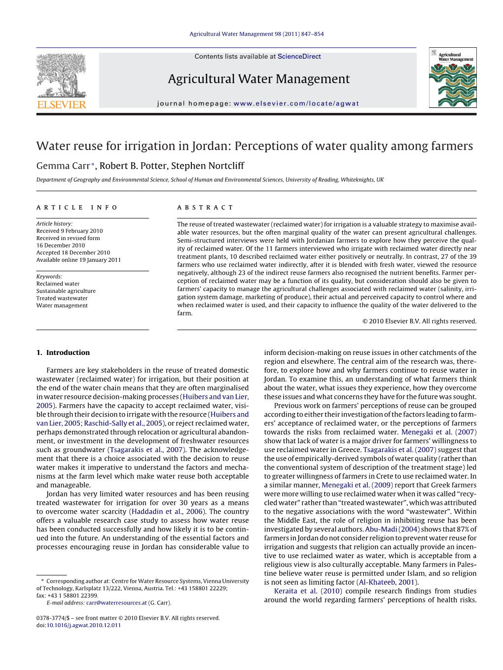 Water Reuse for Irrigation in Jordan: Perceptions of Water Quality Among Farmers