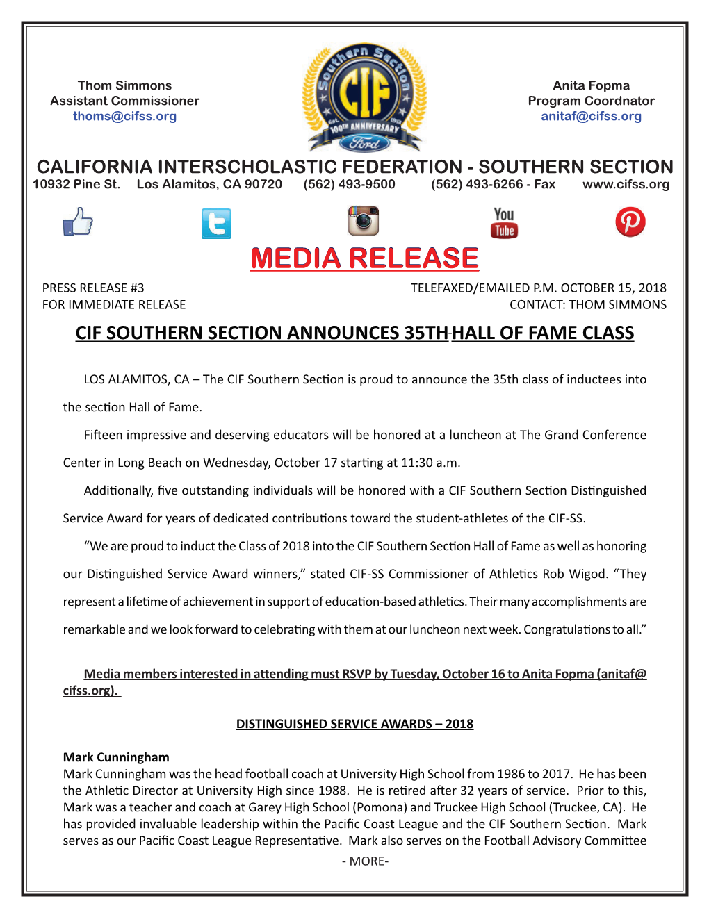 PR #3 - CIF-SS HALL of FAME/DISTINGUISHED SERVICE 2-2-2 Mark Cunningham (Cont.): for the CIF Southern Sec� On