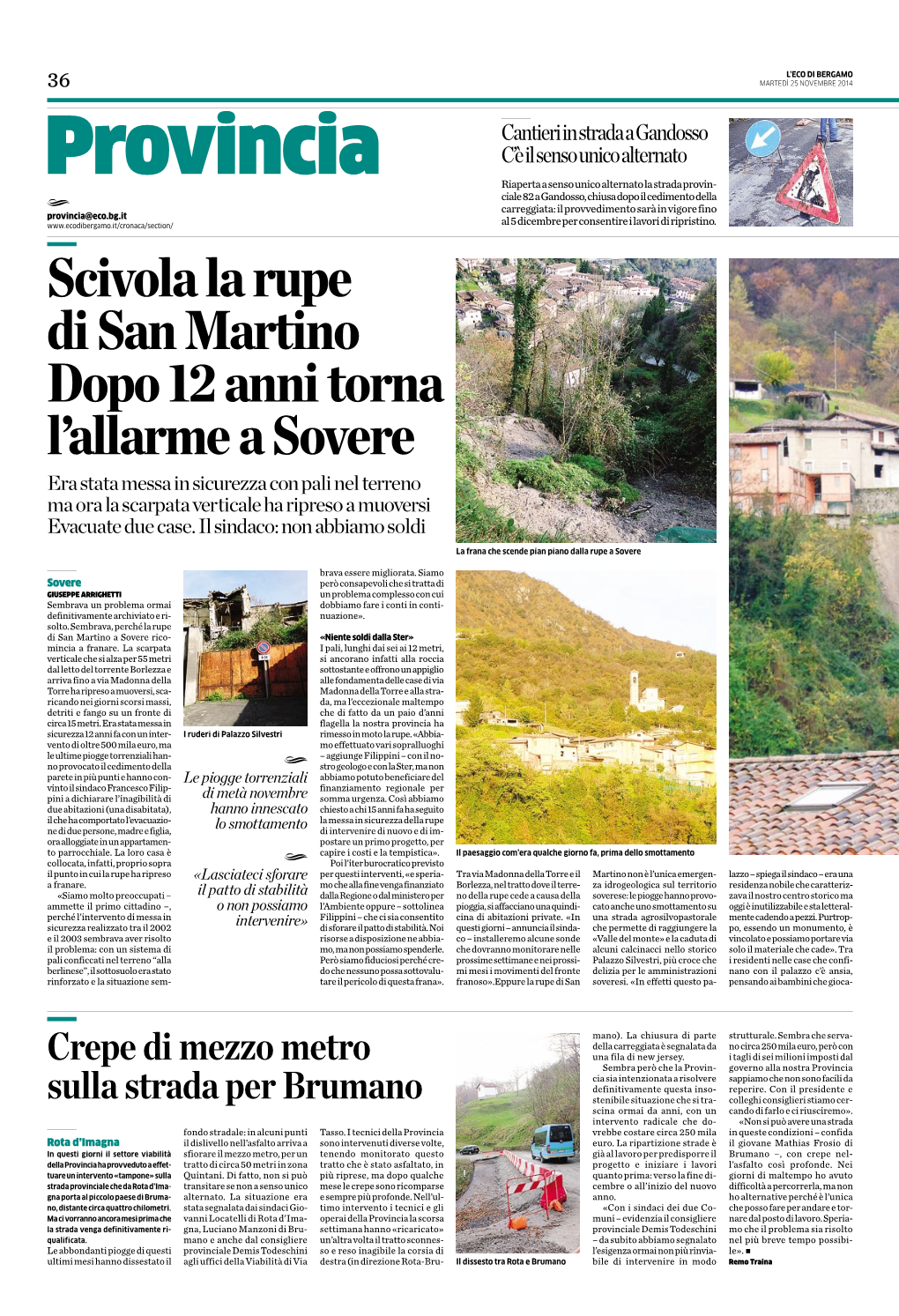 Scivola La Rupe Di San Martino Dopo 12 Anni Torna L'allarme a Sovere