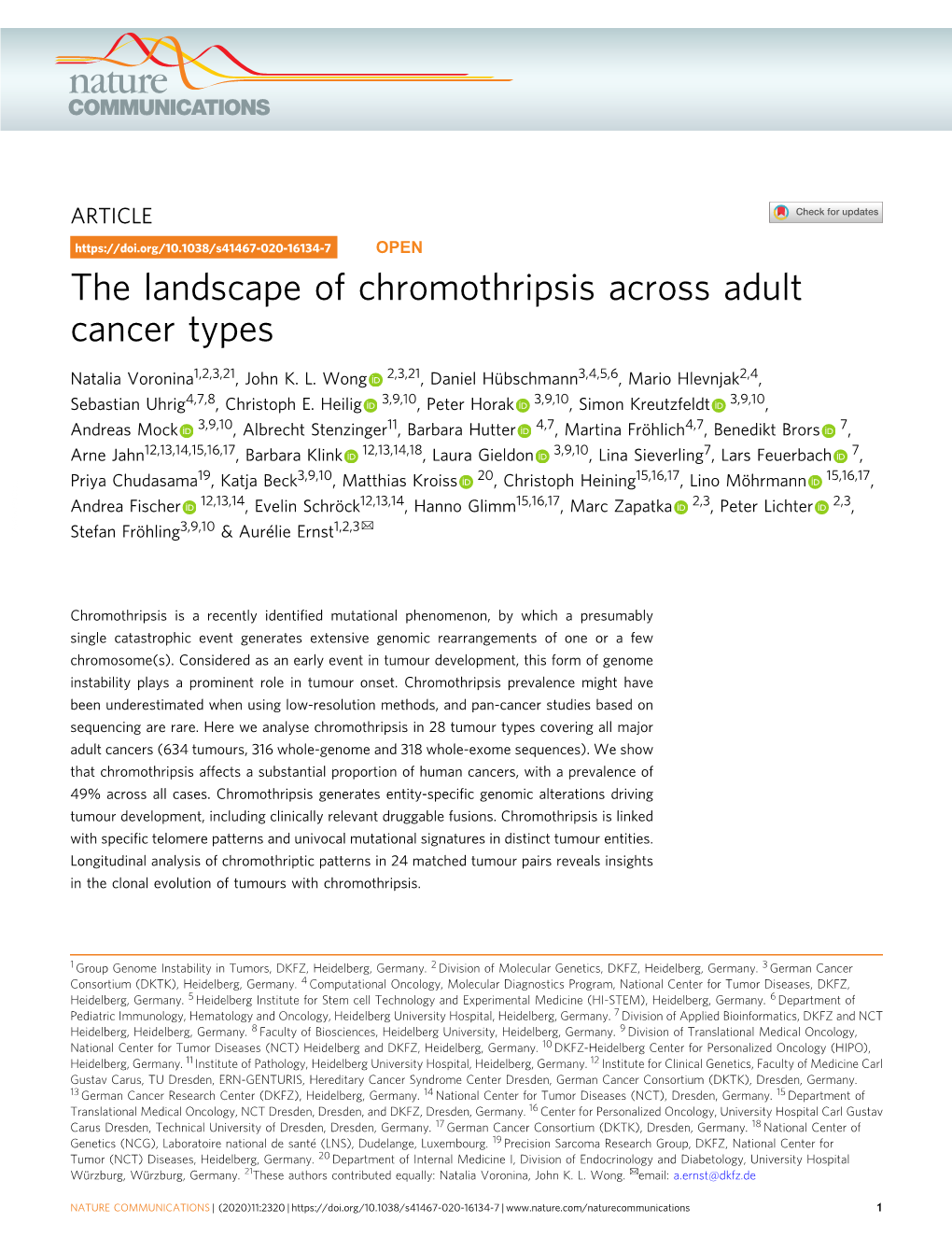 The Landscape of Chromothripsis Across Adult Cancer Types
