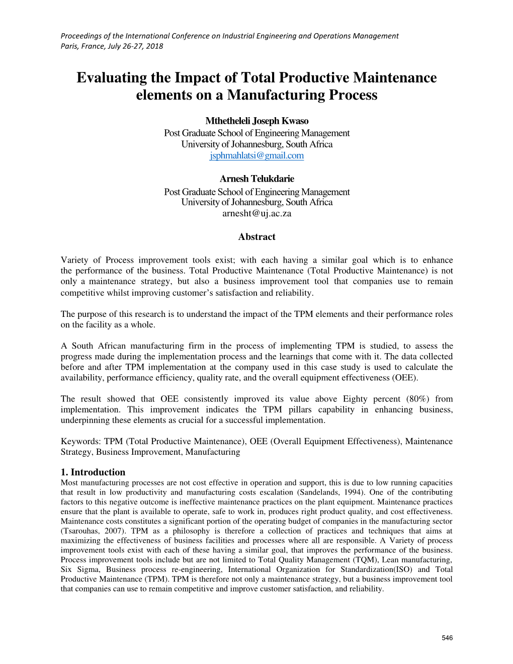 ID 109 Evaluating the Impact of Total Productive Maintenance Elements