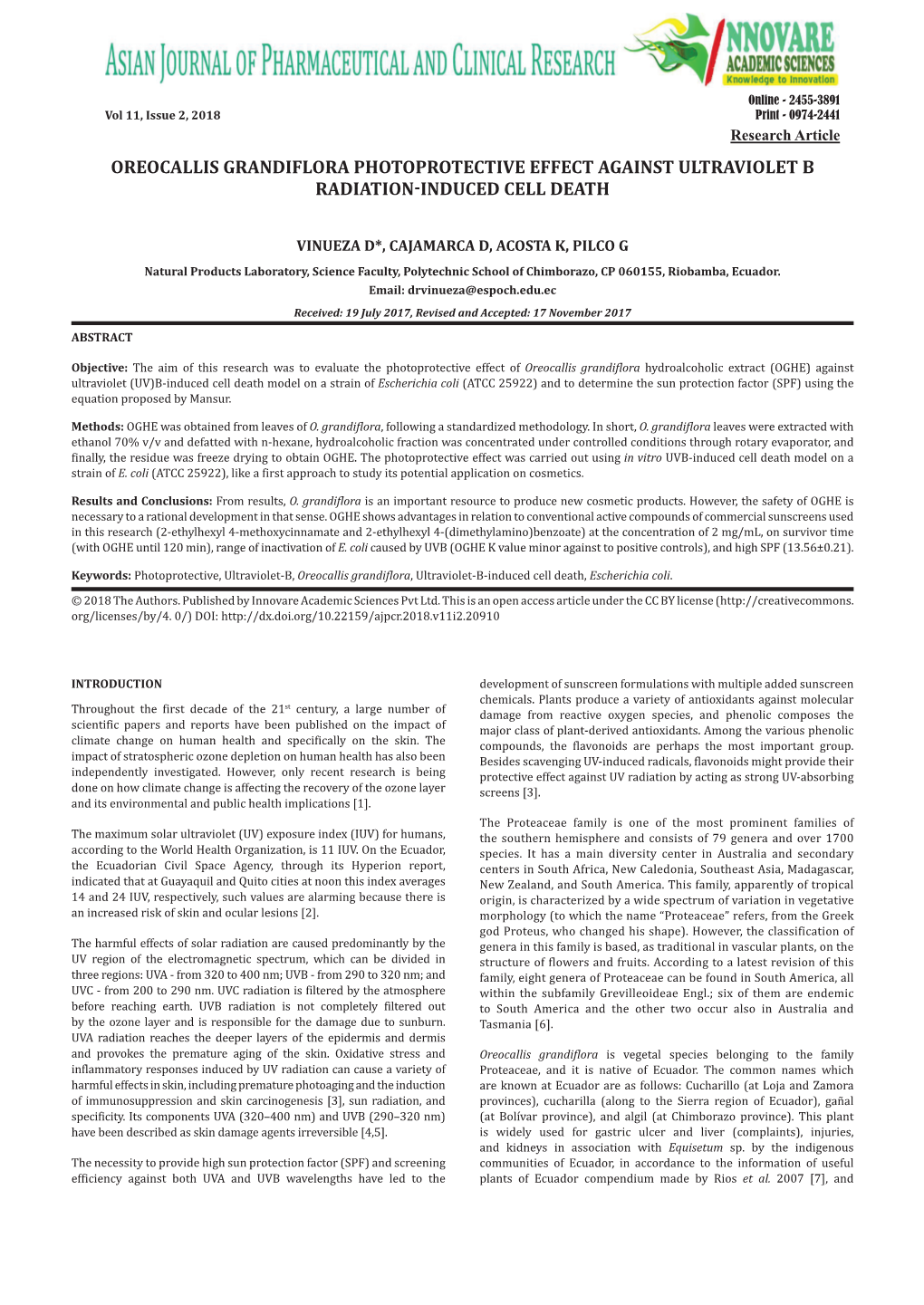 Oreocallis Grandiflora Photoprotective Effect Against Ultraviolet B Radiation-Induced Cell Death