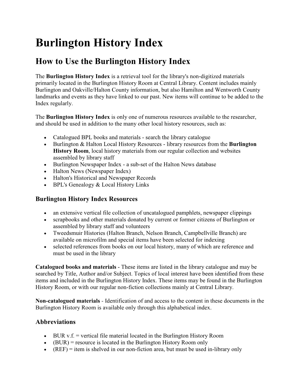 Burlington History Index How to Use the Burlington History Index