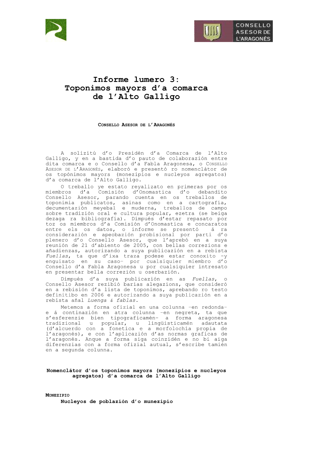 Informe Lumero 3: Toponimos Mayors D'a Comarca De L'alto Galligo