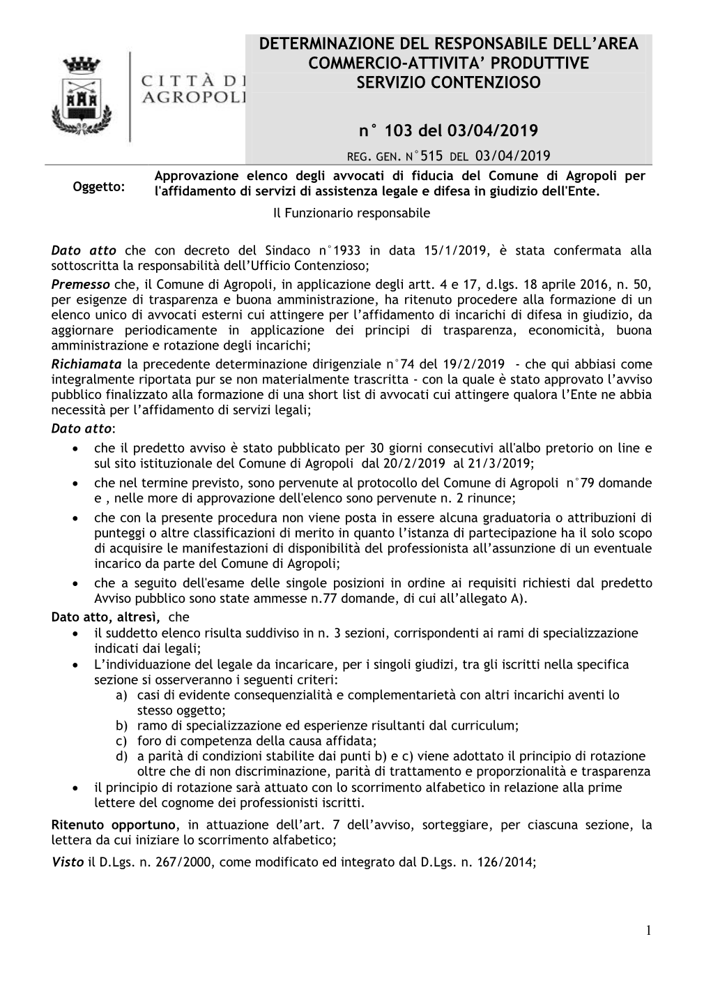 CONTENZIOSO Determinazione N. 103 Del 03.04.2019