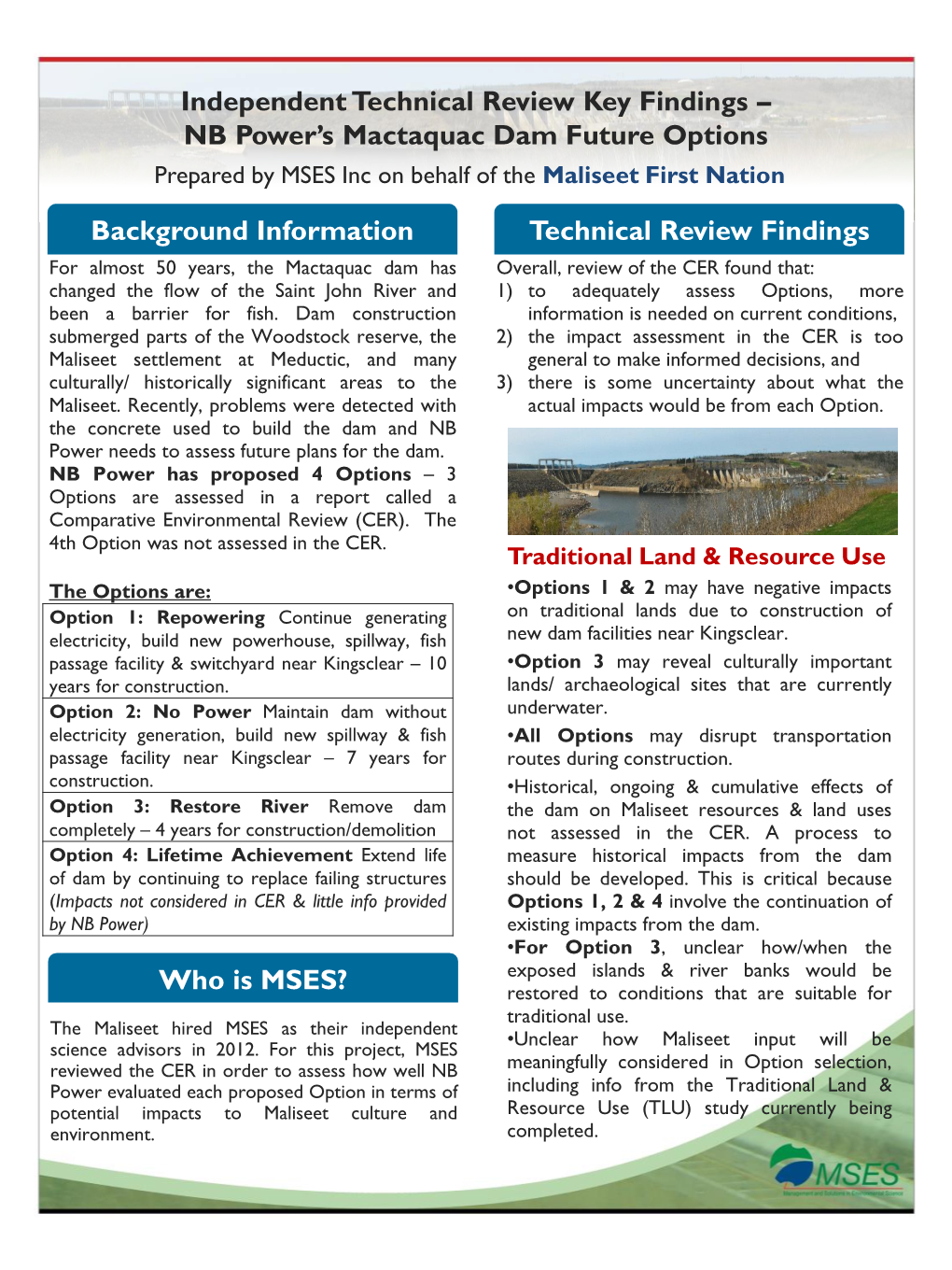 Mactaquac Dam Future Options Prepared by MSES Inc on Behalf of the Maliseet First Nation