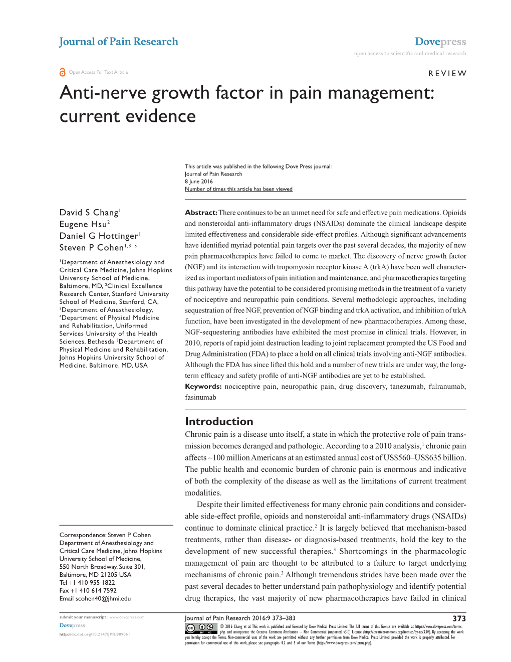 Anti-Nerve Growth Factor in Pain Management: Current Evidence