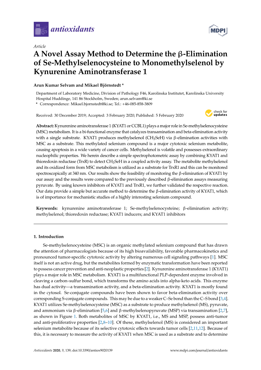 A Novel Assay Method to Determine the Β-Elimination of Se-Methylselenocysteine to Monomethylselenol by Kynurenine Aminotransferase 1