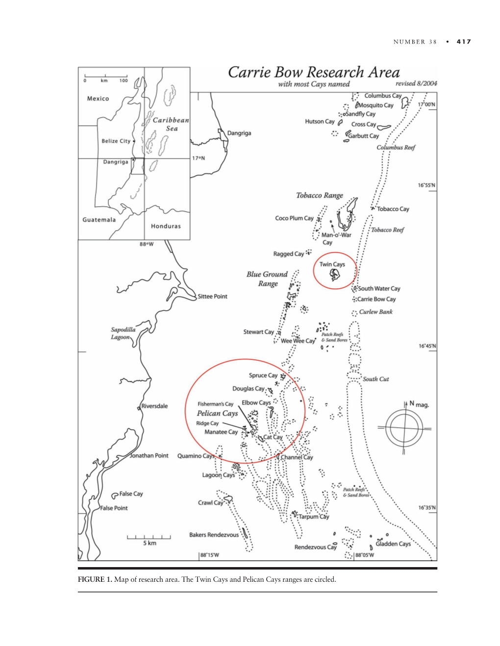 FIGURE 1. Map of Research Area. the Twin Cays and Pelican Cays Ranges Are Circled