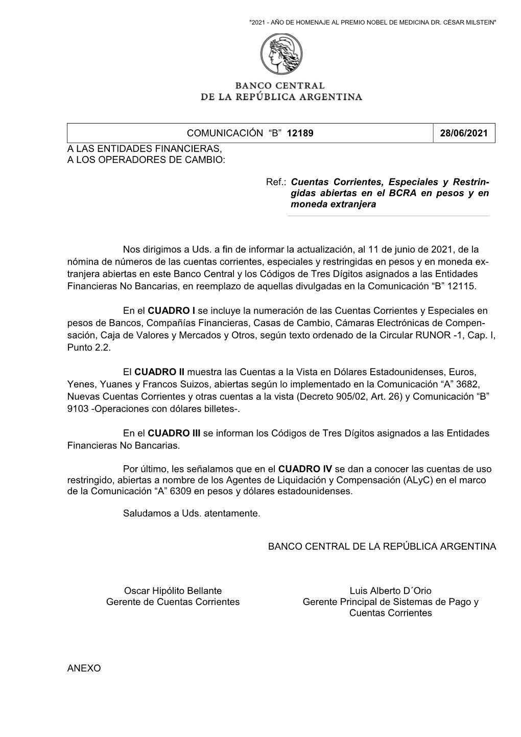 “B” 12189 28/06/2021 a Las Entidades Financieras, a Los Operadores De Cambio