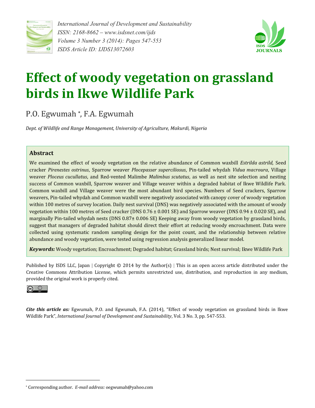 Effect of Woody Vegetation on Grassland Birds in Ikwe Wildlife Park