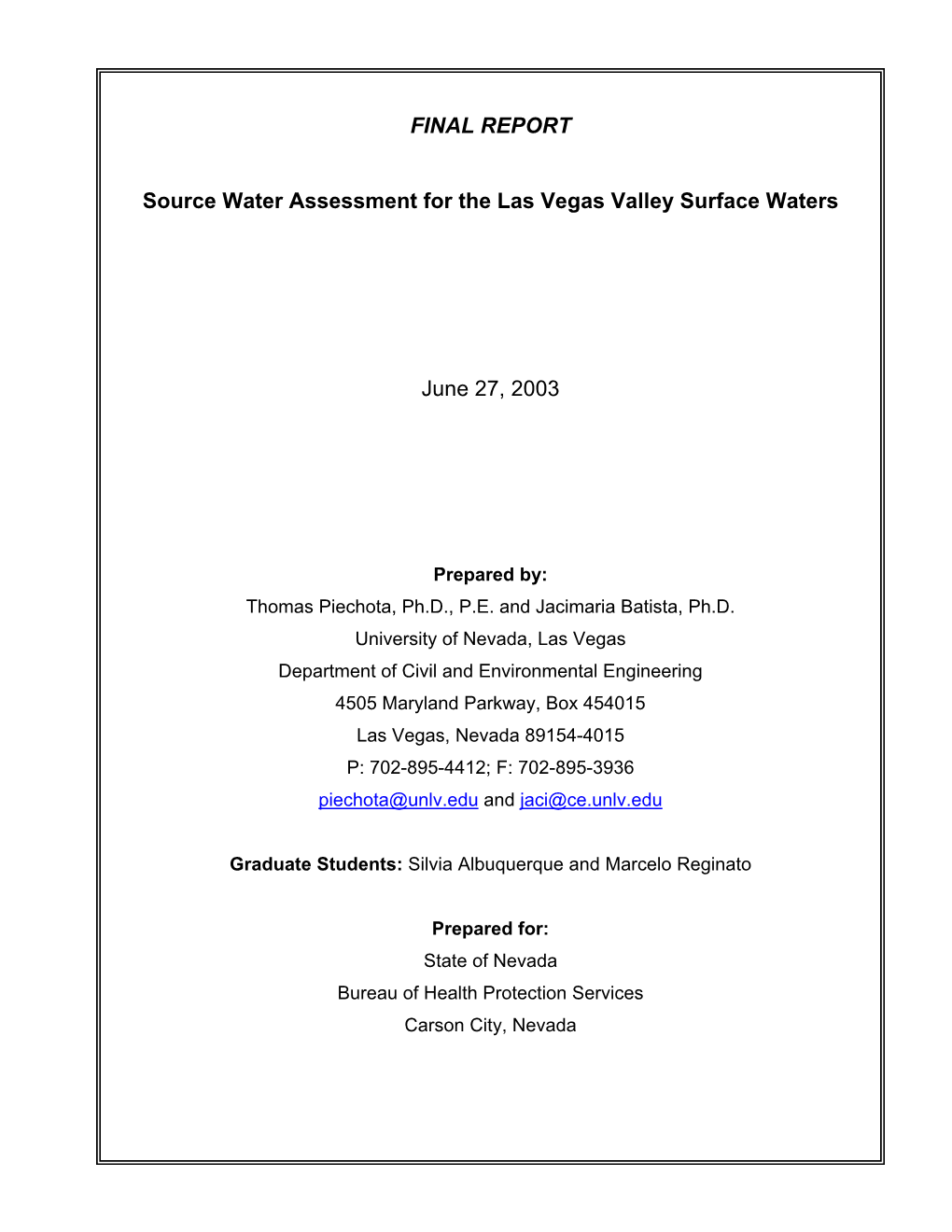 Source Water Assessment for the Las Vegas Valley Surface Waters