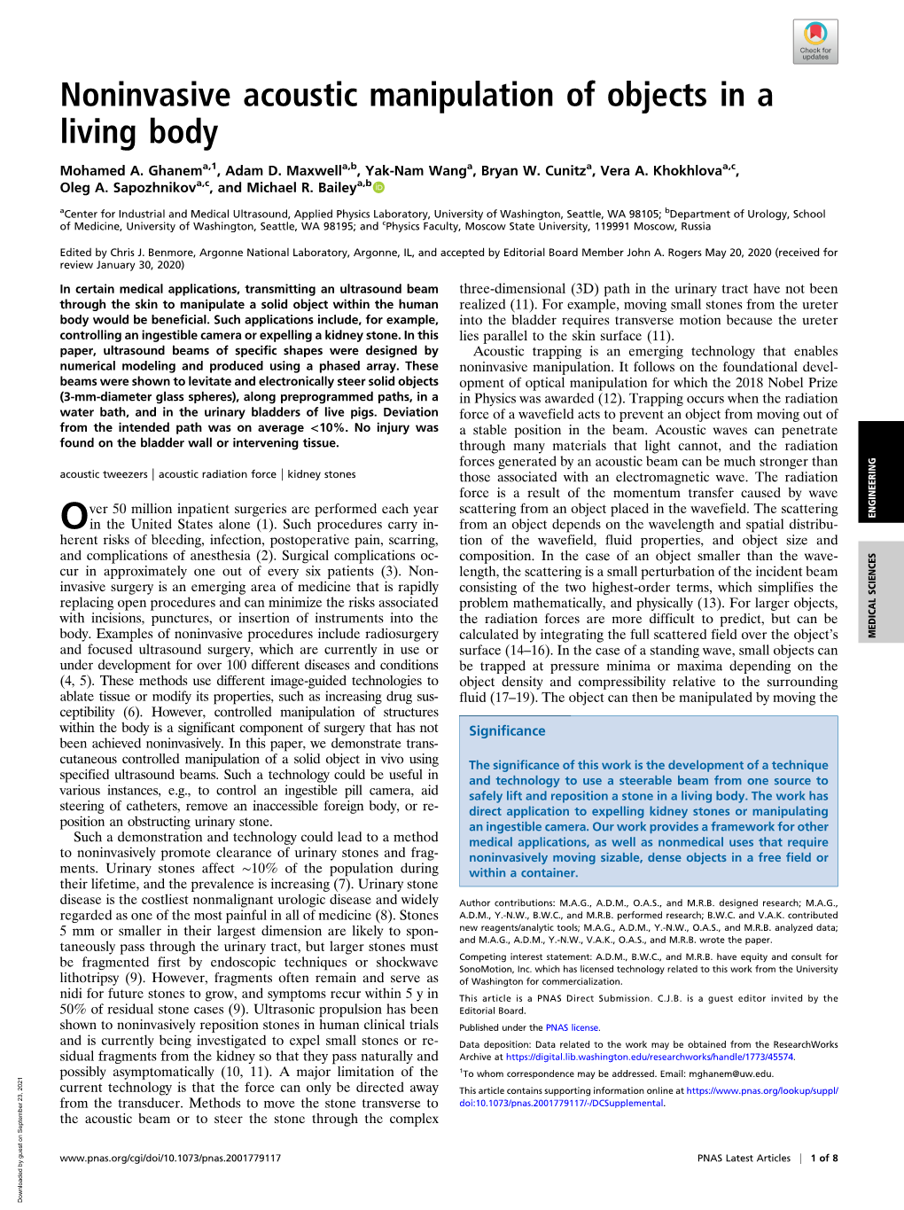 Noninvasive Acoustic Manipulation of Objects in a Living Body