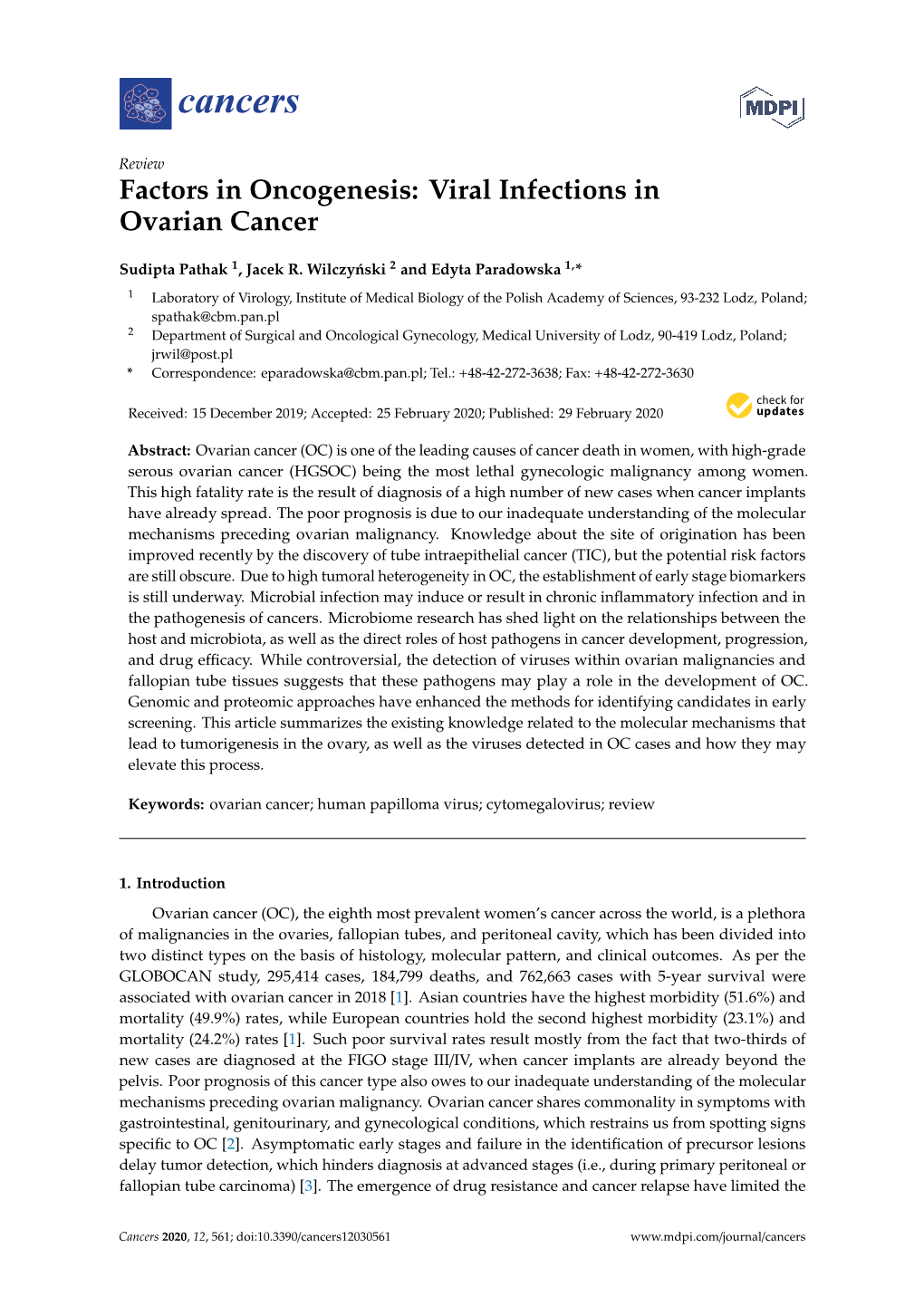 Factors in Oncogenesis: Viral Infections in Ovarian Cancer