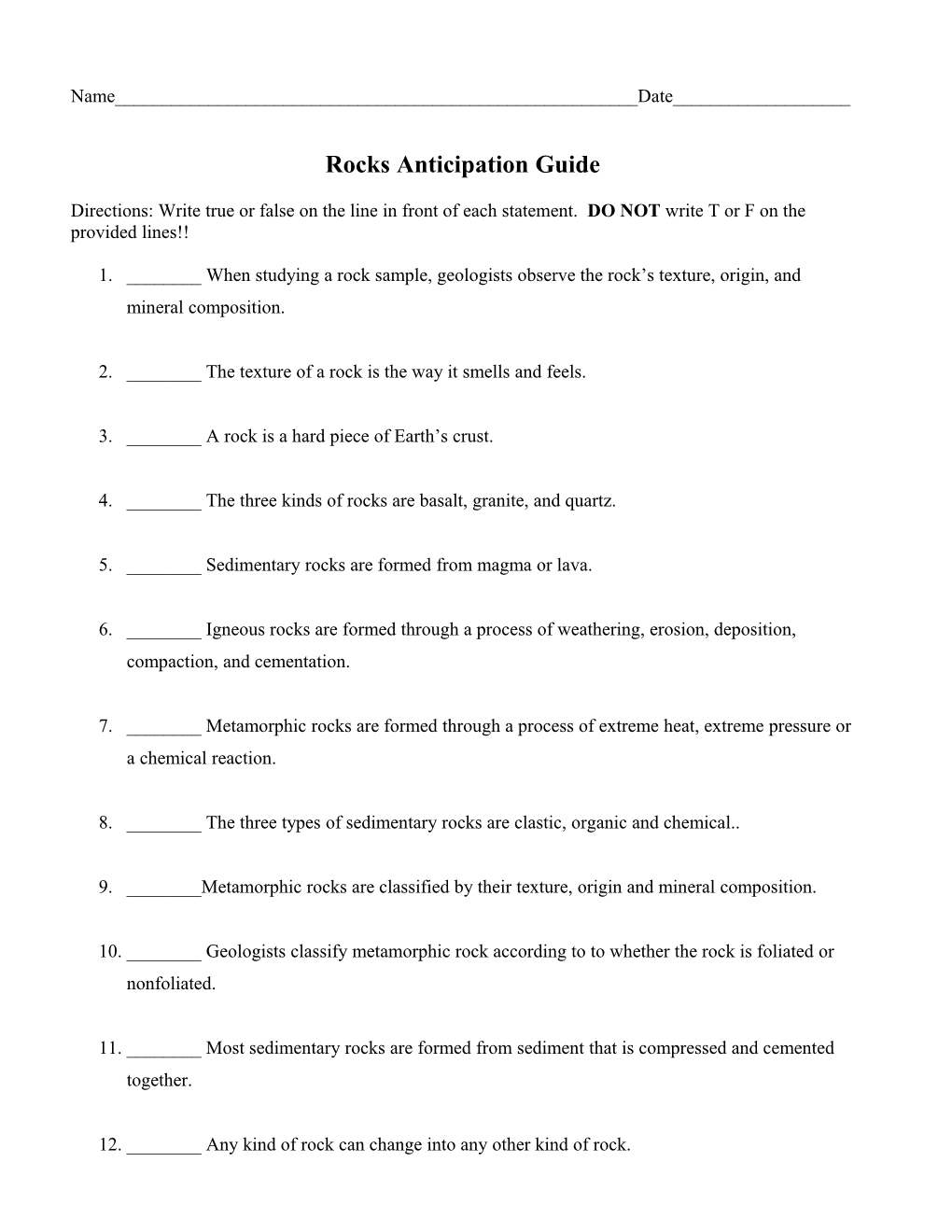 Rocks Anticipation Guide