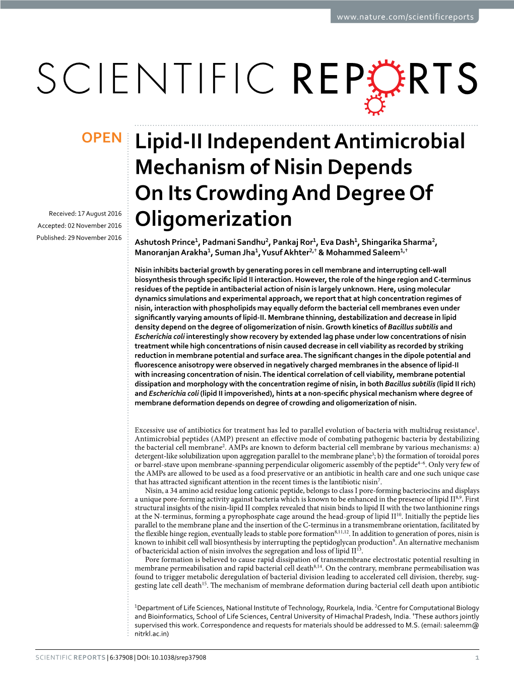 Lipid-II Independent Antimicrobial Mechanism of Nisin Depends on Its Crowding and Degree of Oligomerization