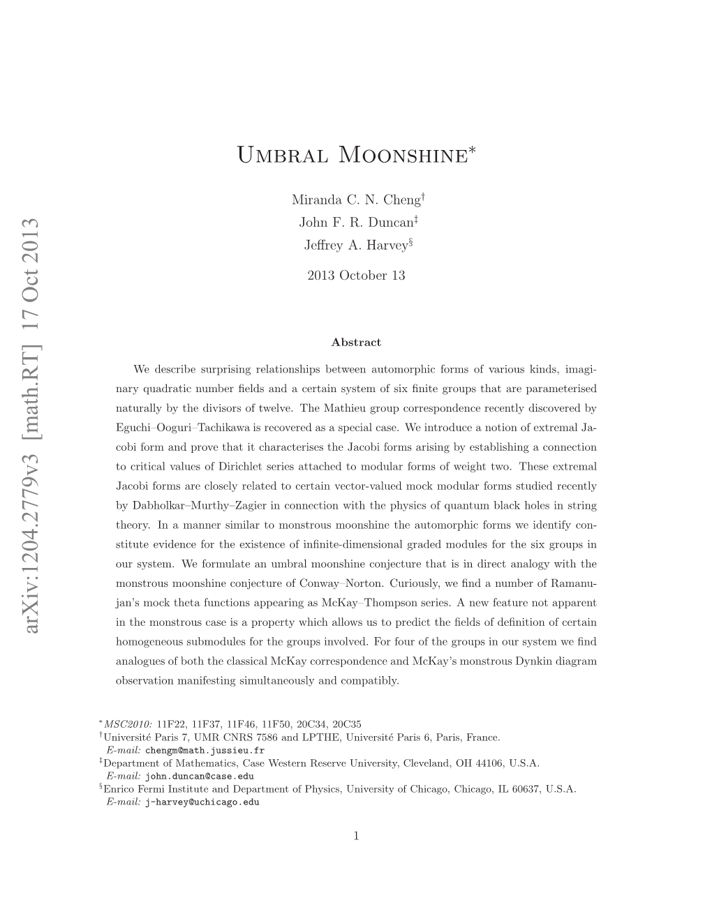 Arxiv:1204.2779V3 [Math.RT] 17 Oct 2013 Umbral Moonshine∗