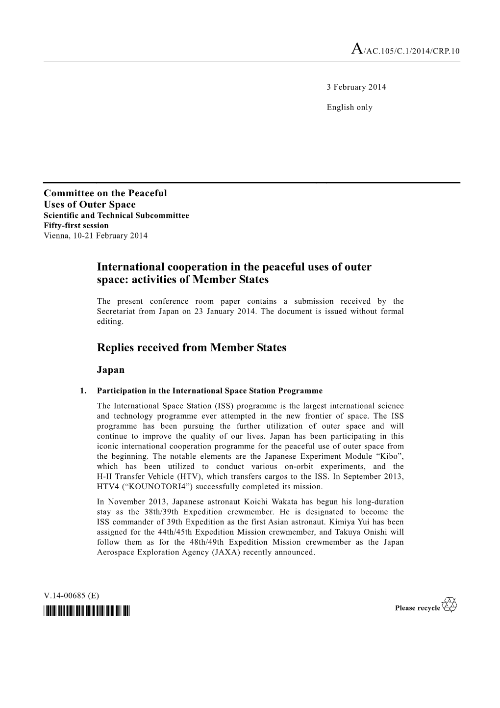 International Cooperation in the Peaceful Uses of Outer Space: Activities of Member States