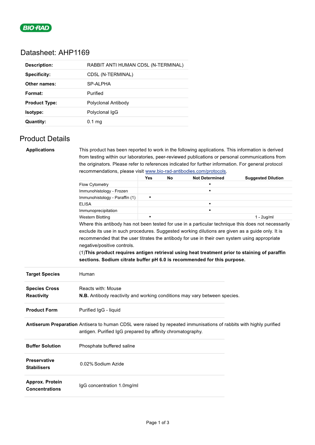 Datasheet: AHP1169 Product Details