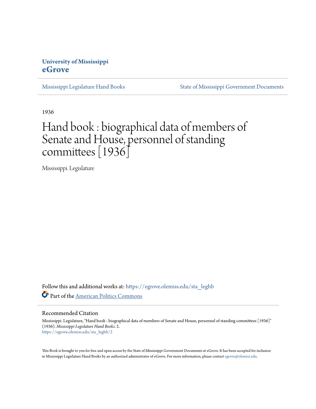 Biographical Data of Members of Senate and House, Personnel of Standing Committees [1936] Mississippi