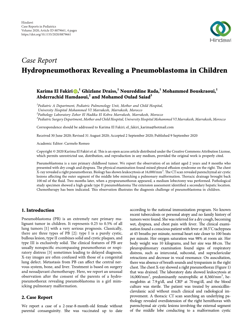 Hydropneumothorax Revealing a Pneumoblastoma in Children