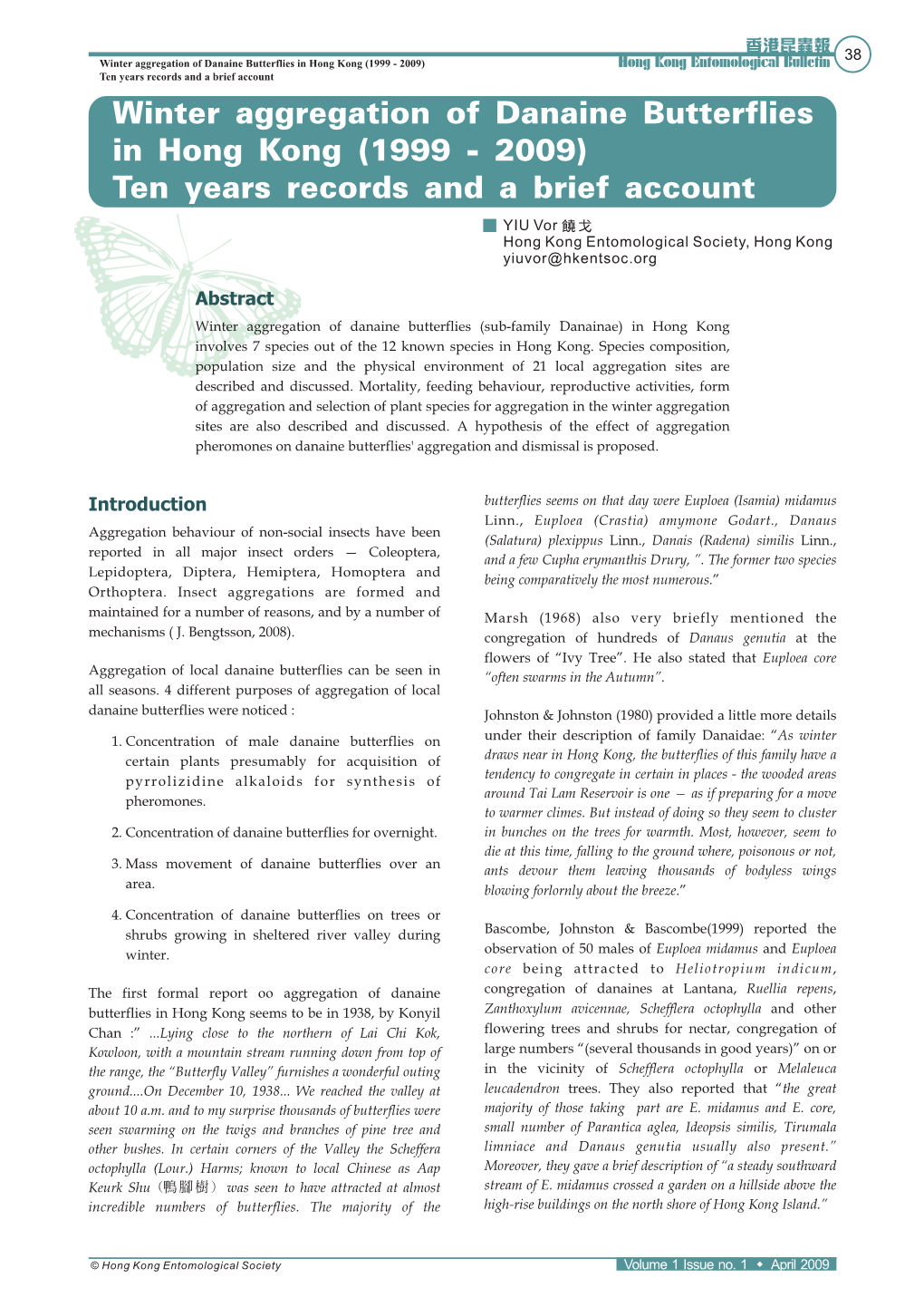 HK Entomological Bulletin No1 Contents