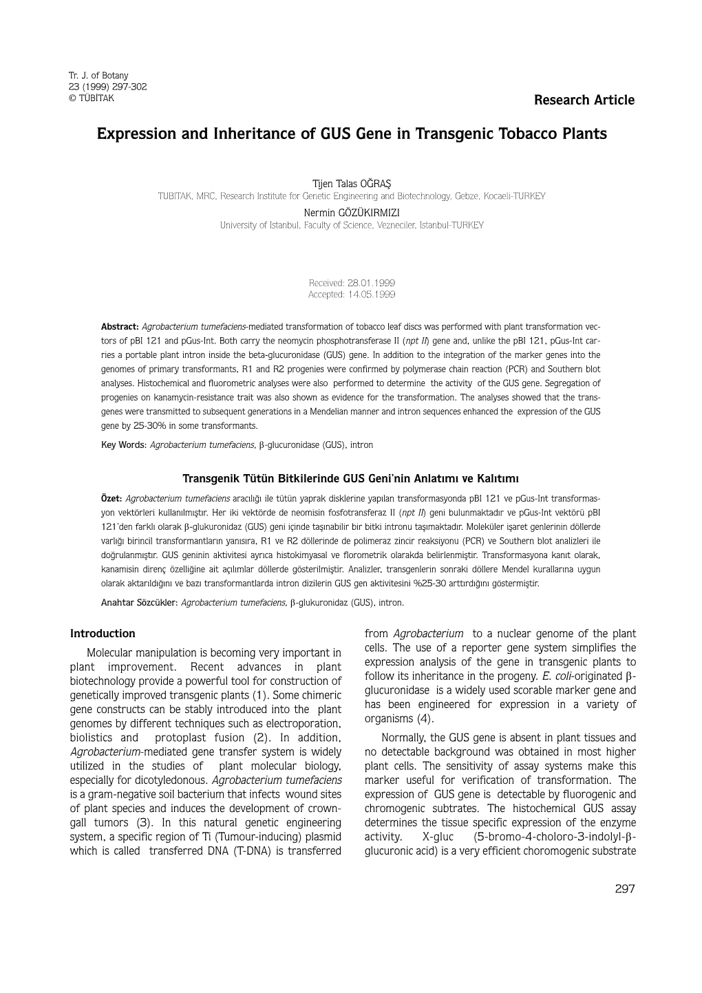 Expression and Inheritance of GUS Gene in Transgenic Tobacco Plants