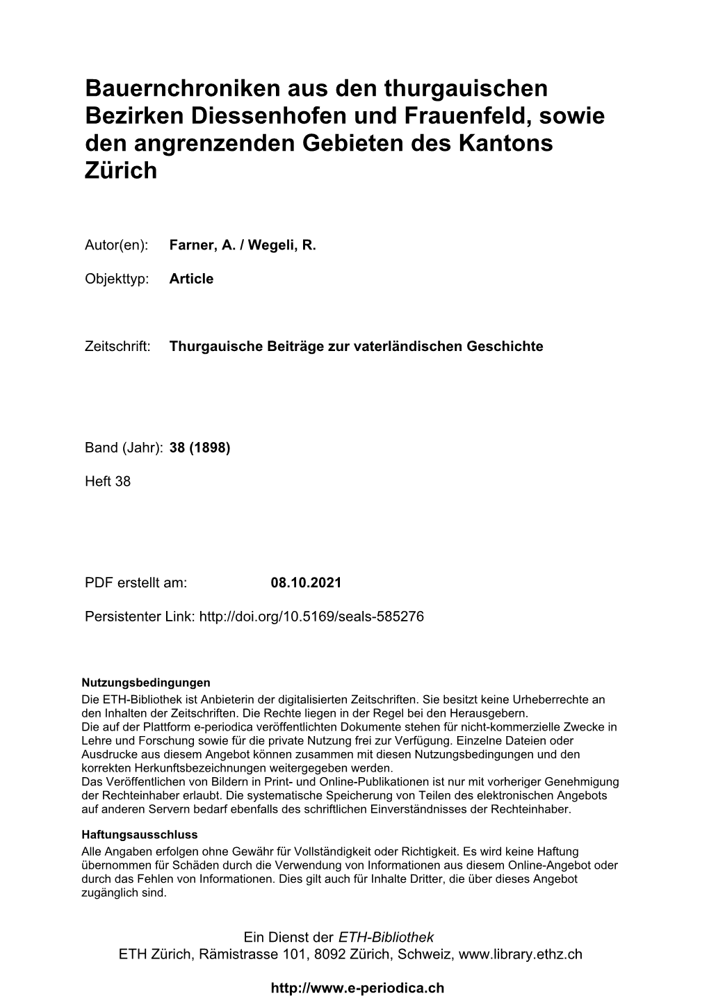 Bauernchroniken Aus Den Thurgauischen Bezirken Diessenhofen Und Frauenfeld, Sowie Den Angrenzenden Gebieten Des Kantons Zürich