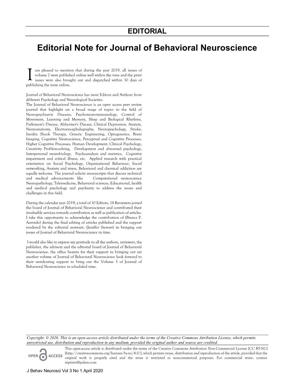 Editorial Note for Journal of Behavioral Neuroscience