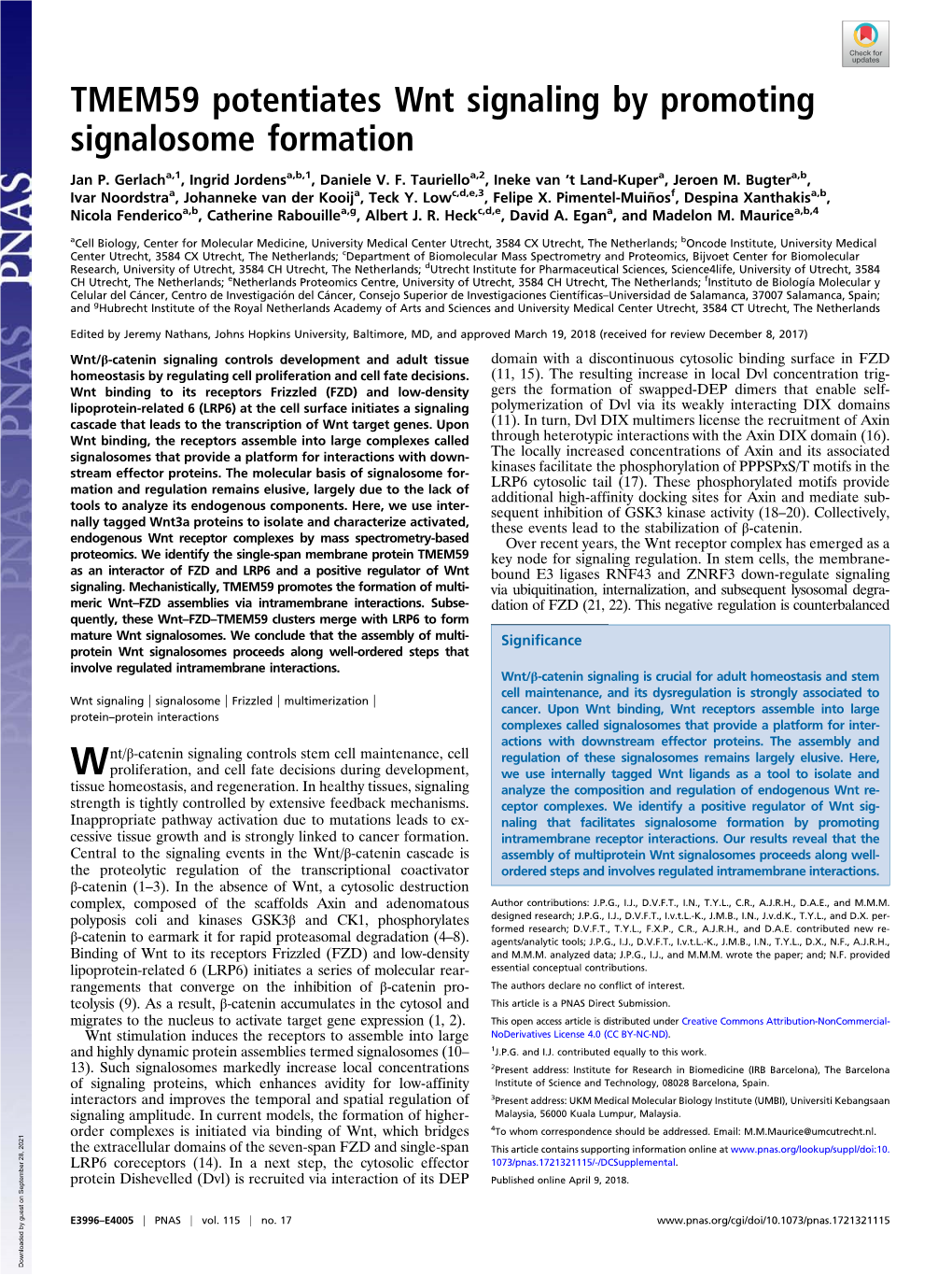 TMEM59 Potentiates Wnt Signaling by Promoting Signalosome Formation