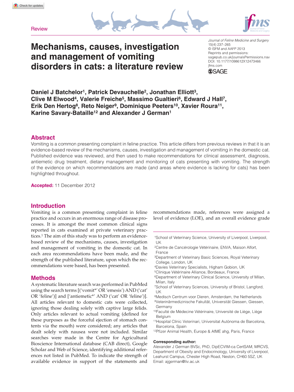 Mechanisms, Causes, Investigation and Management of Vomiting in the Domestic Cat