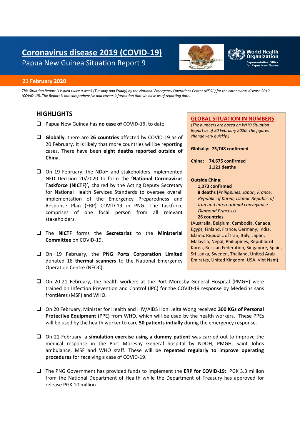 Coronavirus Disease 2019 (COVID-19) Papua New Guinea Situation Report 9