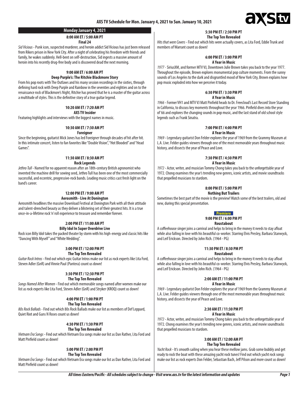 AXS TV Schedule for Mon. January 4, 2021 to Sun. January 10, 2021