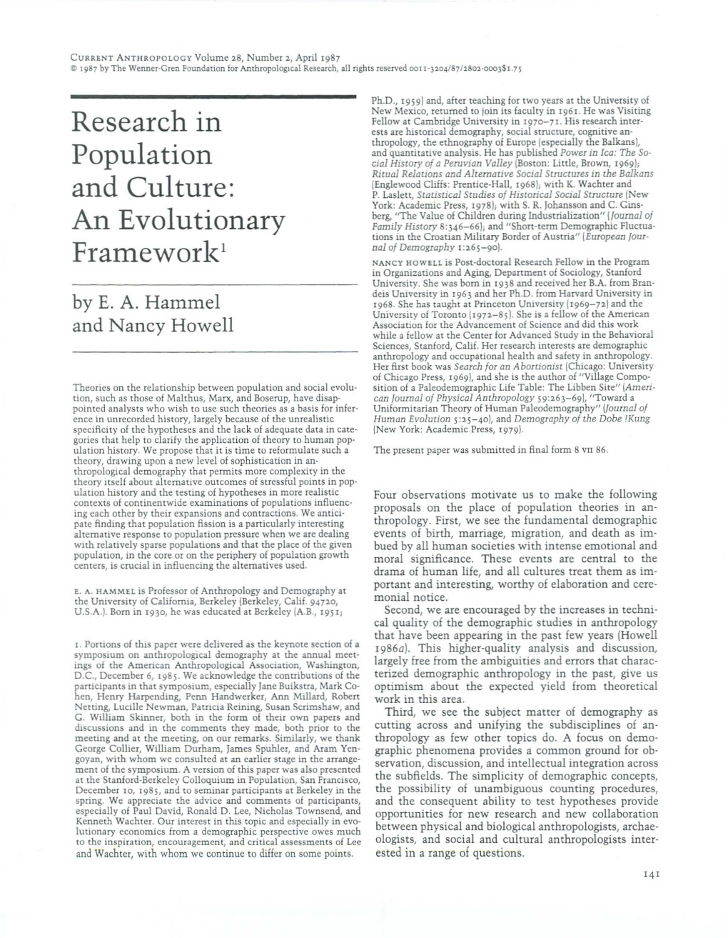 Research in Population and Culture: an Evolutionary Framework1