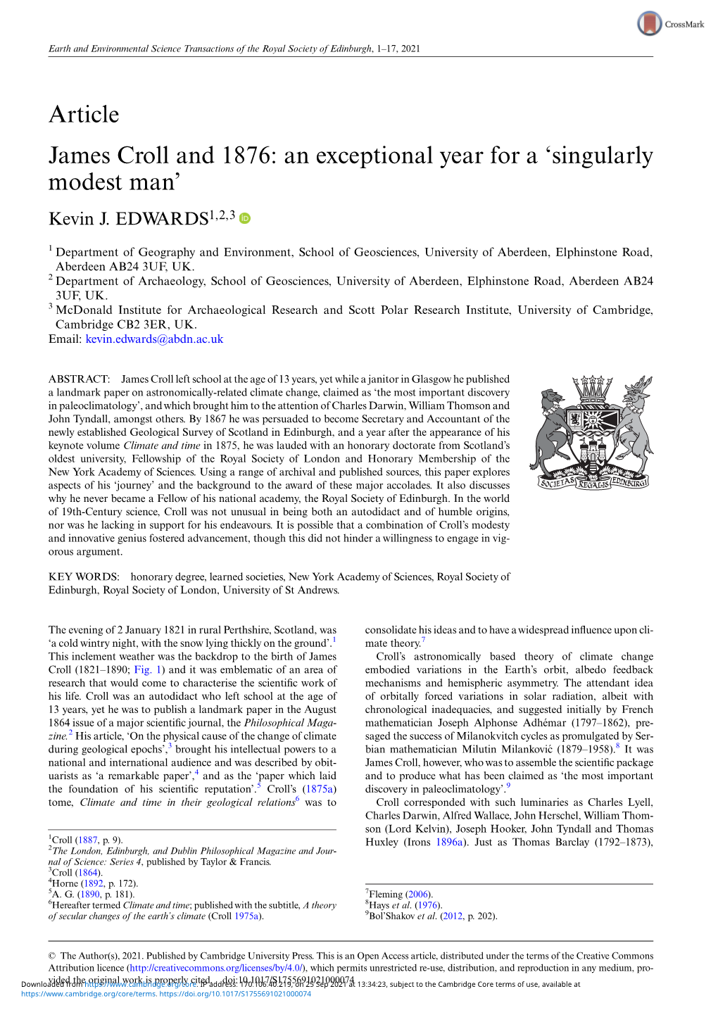 Article James Croll and 1876: an Exceptional Year for a ‘Singularly Modest Man’ Kevin J