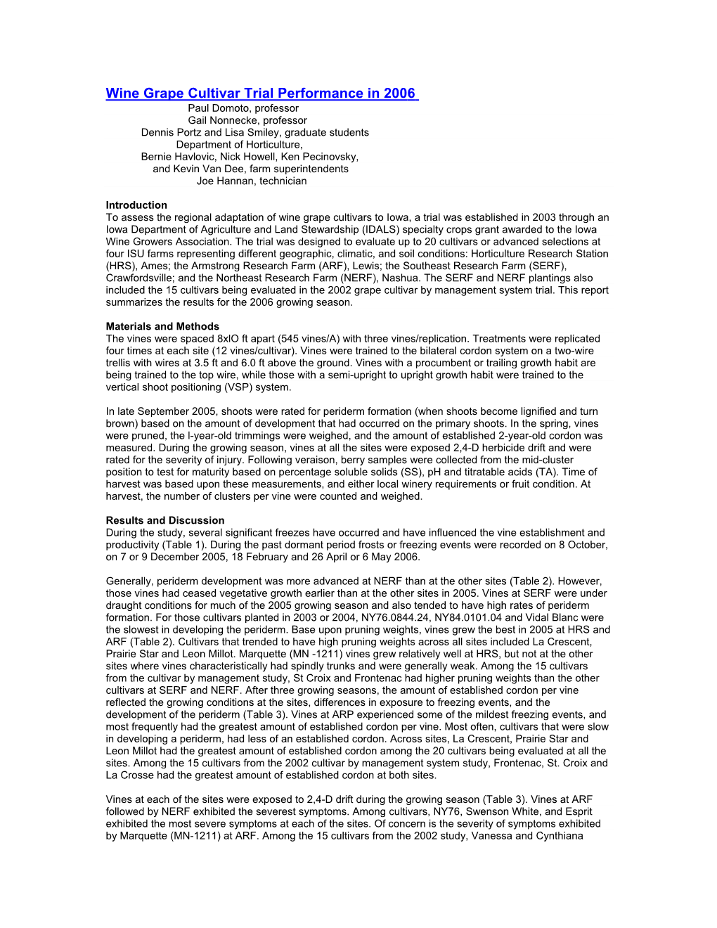 Wine Grape Cultivar Trial Performance in 2006