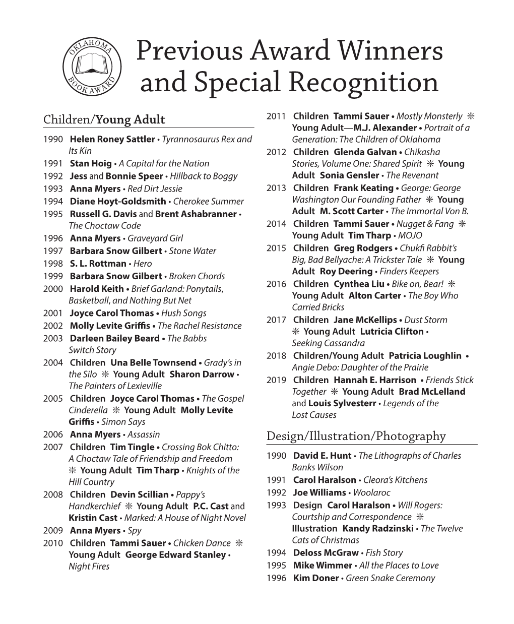 Previous Award Winners and Special Recognition