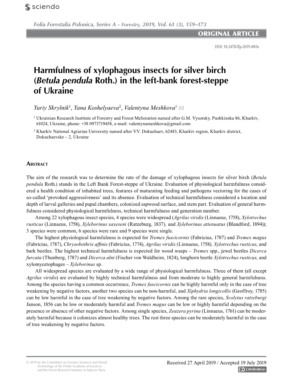 Harmfulness of Xylophagous Insects for Silver Birch (Betula Pendula Roth.) in the Left-Bank Forest-Steppe of Ukraine